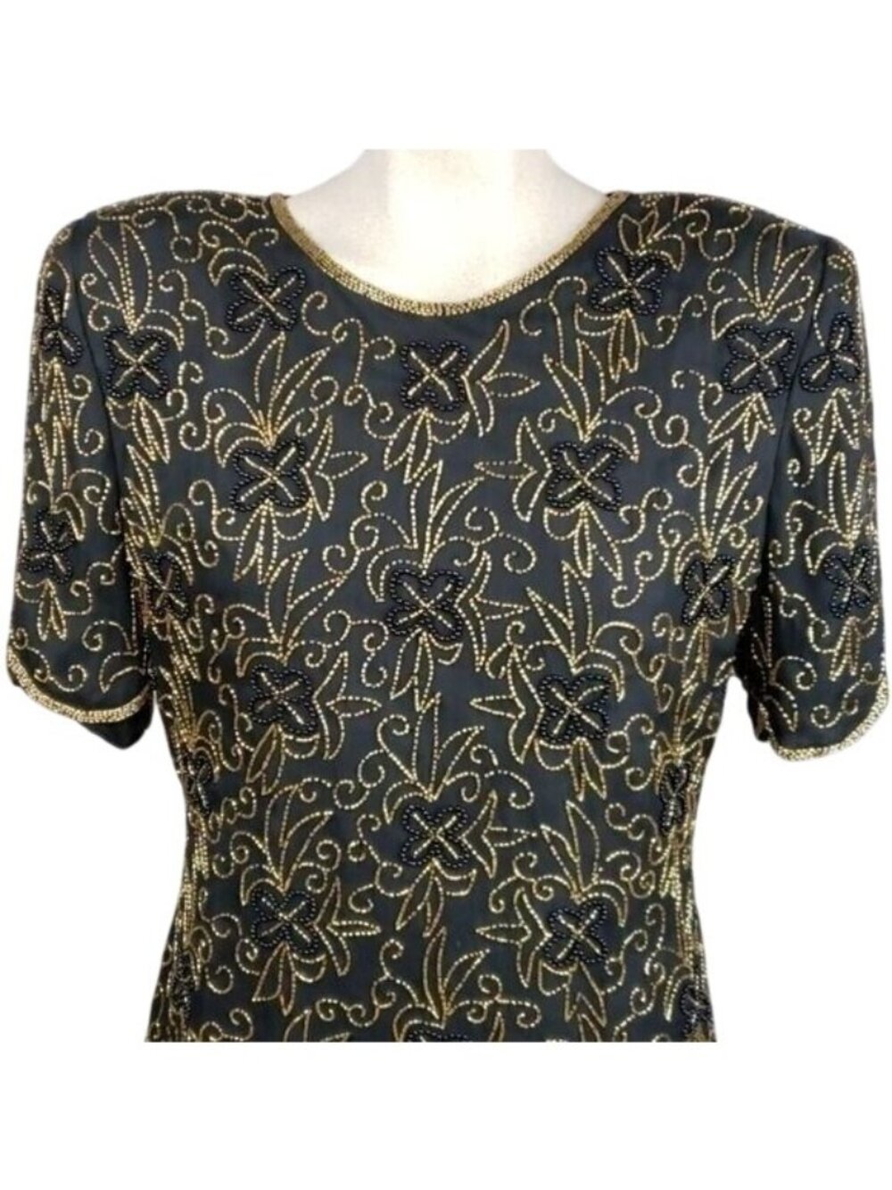 Vintage Hand-Beaded Black & Gold Floral Silk Top By Royal Feelings Size Medium